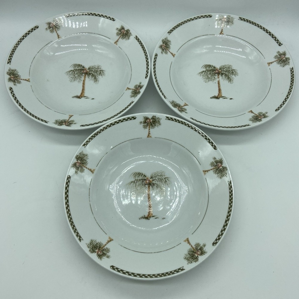 Gibson Everyday Palm Bay Green Trellis Trees Yellow Bands 8" Soup Bowls Set of 3